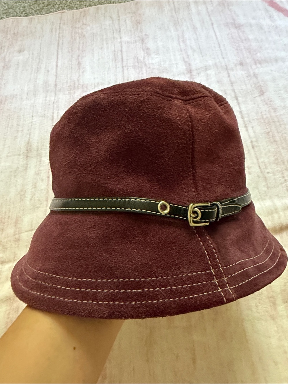 Coach Women's Burgundy Suede Bucket Hat with Leather Belt